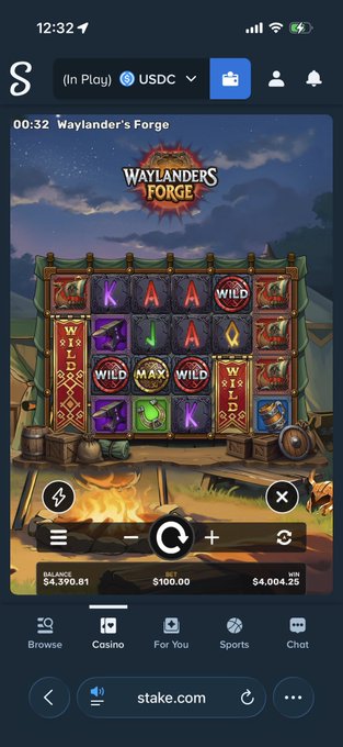 A screenshot from Stake.com showing a "Waylander's Forge" slot game in play with a balance of $4,390.81, a $100 bet, and a $4,004.25 win displayed—tying directly to the post celebrating a "BANG MAX WON AGAIN For 4k USD" moment.