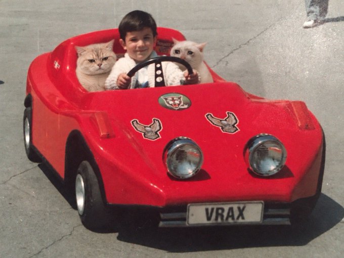 Vintage photo of a young boy and two cats riding in a small red toy car with bird decals and a 'VRAX' license plate.
