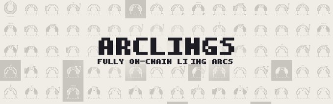 A banner for 'ARCLINGS' describing them as 'FULLY ON-CHAIN LIVING ARCS' with a background pattern of pixelated arch characters.