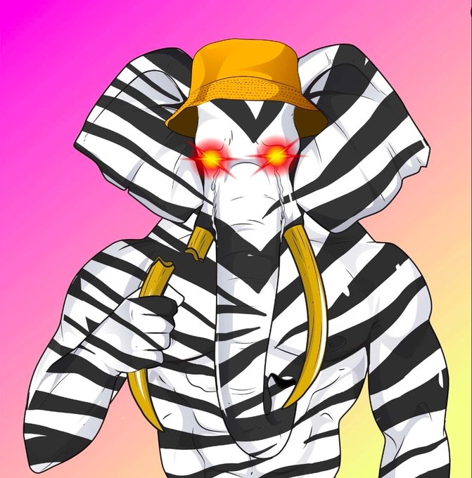 Stylized illustration of a muscular humanoid figure with zebra-striped skin, glowing red eyes, wearing an orange bucket hat and gold chains against a pink and yellow gradient background.