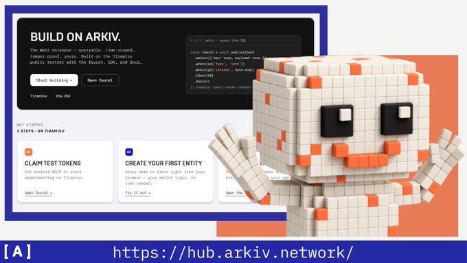 A promotional graphic for the web3 database 'ARKIV' showing a blocky character next to code, with steps like 'CLAIM TEST TOKENS' and 'CREATE YOUR FIRST ENTITY' and the URL 'https://hub.arkiv.network/'.