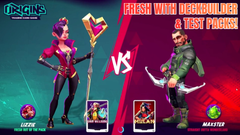 A "FRIDAY WAR" promotional image from the game "Origins" featuring characters Lusty and Master facing off against "Necromancer & Lost Phoenix," with character cards displayed between them.