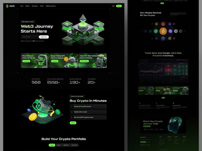 The image shows a dark-themed crypto landing page for "Abiit" with neon green accents, featuring a Web3 Journey hero section, "Buy Crypto in Minutes" platform steps, and trading interface previews. The post aligns with the design, showcasing a modern cryptocurrency platform interface with statistics like "S6B" and "556+".