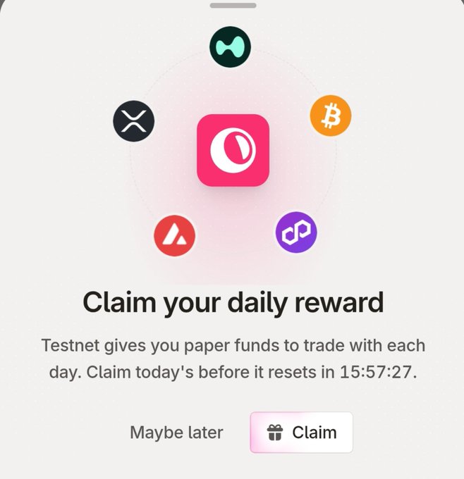 A crypto testnet app screen says “Claim your daily reward” and explains that testnet paper funds reset in “15:57:27,” with “Maybe later” and “Claim” buttons.