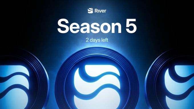 Promotional graphic with 'River' logo announcing 'Season 5' with '2 days left' above three glowing blue circular logos featuring a wave design.