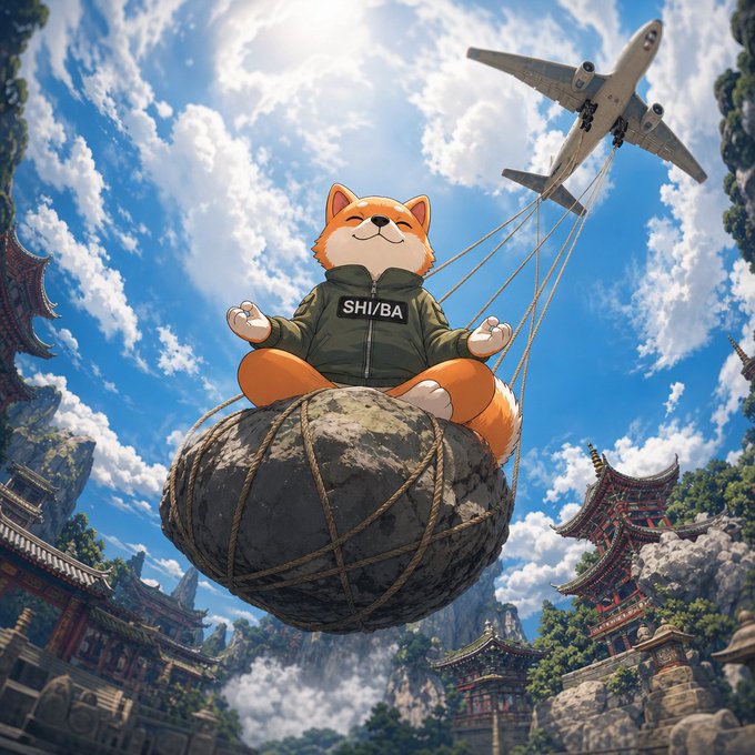A 3D-style digital artwork of a cartoon Shiba Inu dog wearing a green jacket labeled 'SHIBA', sitting on a large rock suspended by an airplane in a sky above an Asian-style village.