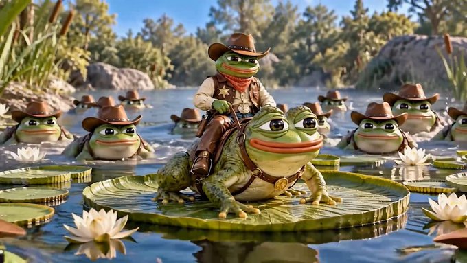 A whimsical digital illustration of a small cowboy riding a large frog, surrounded by a frog army wearing cowboy hats, all sitting on lily pads in a pond.