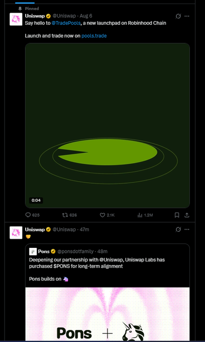 A Twitter/X feed showing pinned tweets from '@Uniswap' about a launchpad on Robinhood Chain via 'pooIs.trade', featuring a Pac-Man-like green logo and a partnership announcement with @ponsofficial.