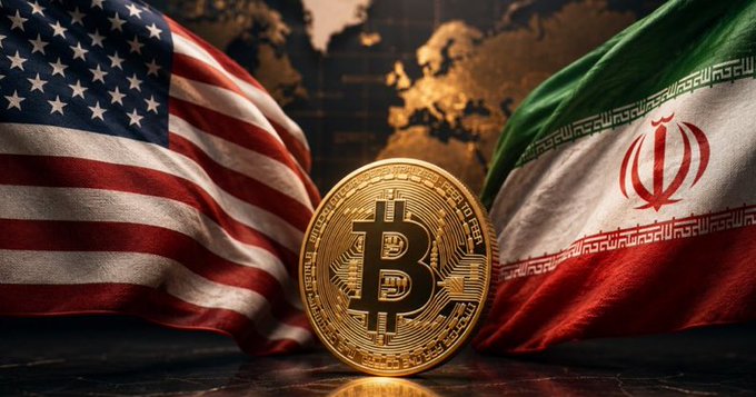 A graphic showing a gold Bitcoin coin centered between the American flag and the Iranian flag, suggesting cryptocurrency's role between the two nations.