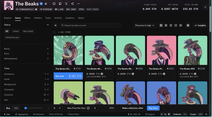 The image shows a computer screen displaying a website called "The Beaks", which features a collection of colorful images featuring cartoon birds wearing hats, suits, and other attire. The website also offers NFTs (Non-Fungible Tokens) for sale, with various options available to collectors. The post discusses the differences between NFTs and coins, highlighting that NFTs are digital assets while coins are physical objects.
