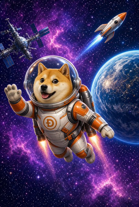 A Shiba Inu dog wearing an orange and white spacesuit with a Dogecoin 'Ð' logo, floating through a vibrant purple space scene with Earth, a satellite, and a rocket.