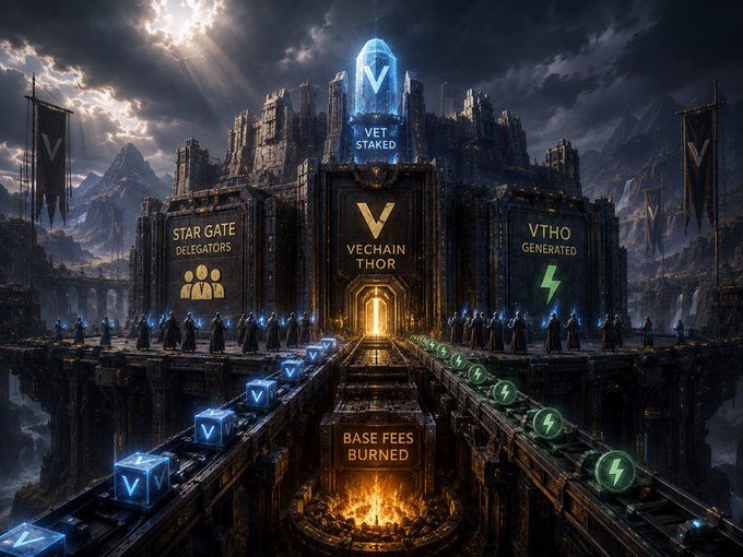 A dramatic digital artwork for VeChain showing a massive fortress with banners reading 'STAR GATE DELEGATORS', 'VECHAIN THOR', and 'VTHO GENERATED', featuring a fiery 'BASE FEES BURNED' pit and glowing VET tokens.