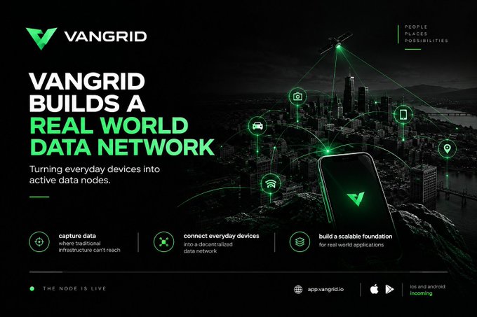 A promotional webpage for VANGRID with the headline 'VANGRID BUILDS A REAL WORLD DATA NETWORK', showing a smartphone atop a city landscape with interconnected icons for cars, cameras, phones, and Wi-Fi.