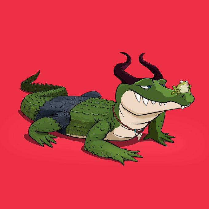 A cartoon green crocodile with purple horns and blue shorts lies on a red background, with a small frog sitting on its snout.