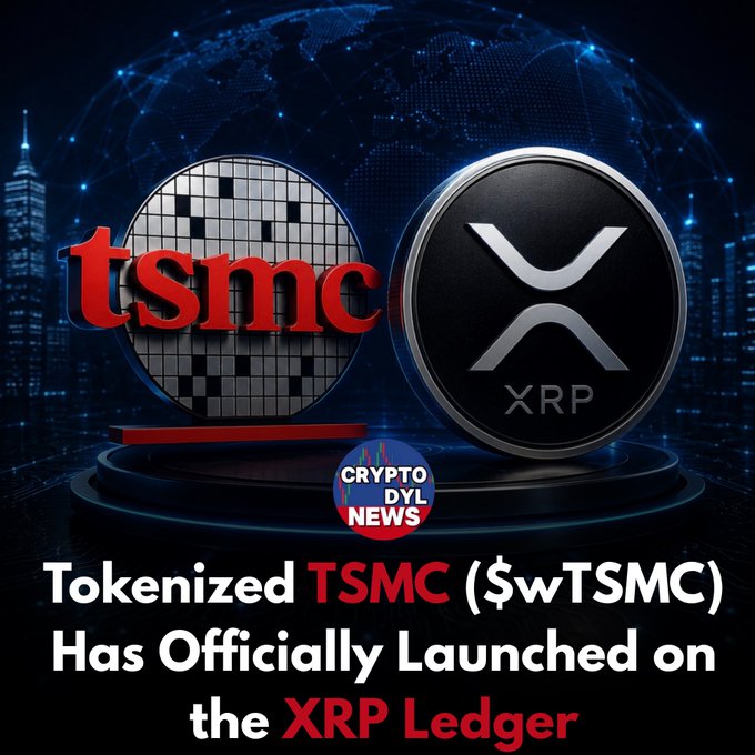 Promotional graphic announcing the launch of tokenized TSMC ($wTSMC) on the XRP Ledger, featuring the TSMC logo alongside the XRP logo with the headline "Tokenized TSMC ($wTSMC) Has Officially Launched on the XRP Ledger."