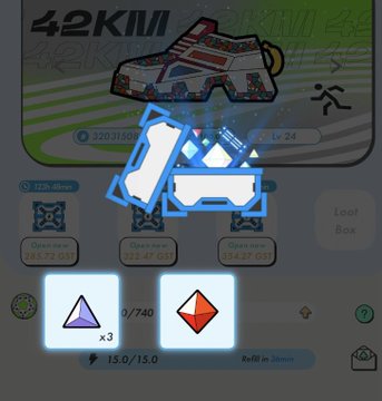 A game interface displays a '42KM' event with a running shoe and the text 'Open now' alongside various gem offerings and energy costs.