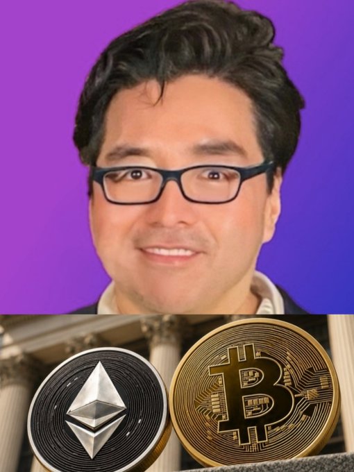 A man with glasses smiles above representations of Ethereum and Bitcoin coins set against a classical building backdrop, visually reinforcing Tom Lee's bold year-end price predictions of BTC surpassing $100,000 and ETH reaching $7,500.