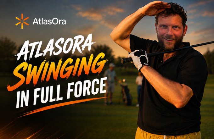 An advertisement for "AtlasOra" featuring a smiling man in golf attire mid-swing with the tagline "ATLASORA SWINGING IN FULL FORCE".