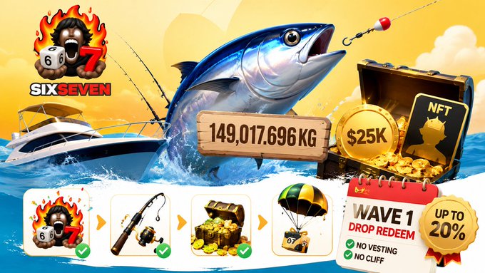 A promotional graphic for 'SIXSEVEN' featuring a tuna, treasure chest, yacht, and parachute, displaying a weight of '149,017.696 KG', prize of '$25K', and 'WAVE 1 DROP REDEEM' up to 20% with 'NO VESTING' and 'NO CLIFF'.