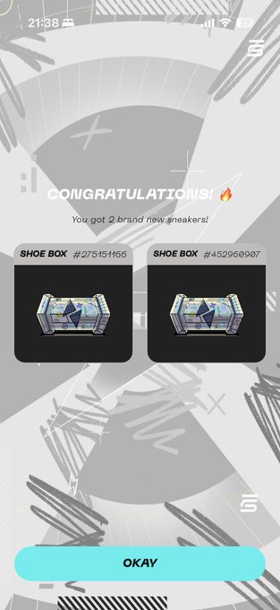 Mobile screen showing 'CONGRATULATIONS! You got 2 brand new sneakers!' with two shoe boxes (#275151165 and #452960987) containing sneaker NFTs.