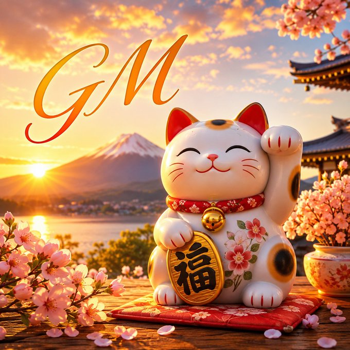 An AI-generated image featuring a Maneki-neko (lucky cat) holding a coin with the Chinese character 福 (fortune), set against a sunset with Mount Fuji and cherry blossoms, with 'GM' written in the sky.