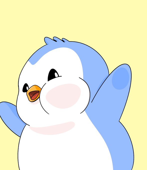 A cute cartoon penguin character with blue and white feathers is smiling and waving against a pale yellow background.
