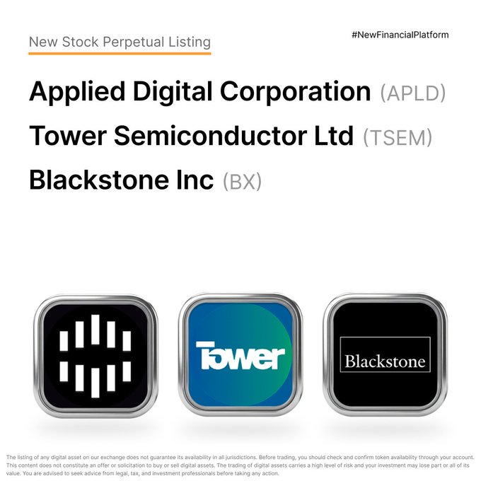 A Bybit promotional graphic announcing new stock perpetual listings for $APLD (Applied Digital Corporation), $TSEM (Tower Semiconductor Ltd), and $BX (Blackstone Inc), each displayed alongside their respective company logos.