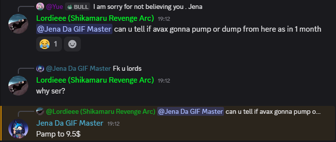 Discord chat thread between users Lordieee (Shikamaru Revenge Arc) and Jena Da GIF Master discussing AVAX price prediction, with a reply stating 'Pamp to 9.5$'.