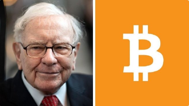 Warren Buffett is shown alongside the Bitcoin logo, visually pairing the legendary value investor's well-known skepticism of BTC with the cryptocurrency itself, reinforcing the post's contrast between his dismissive stance and growing institutional adoption of Bitcoin.