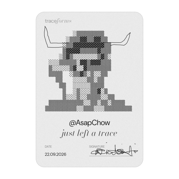 A stylized digital art card titled 'traceforms' featuring a halftone, pixelated bull with long horns, dated 22.09.2026, and labeled '@AsapChow just left a trace' with a signature.
