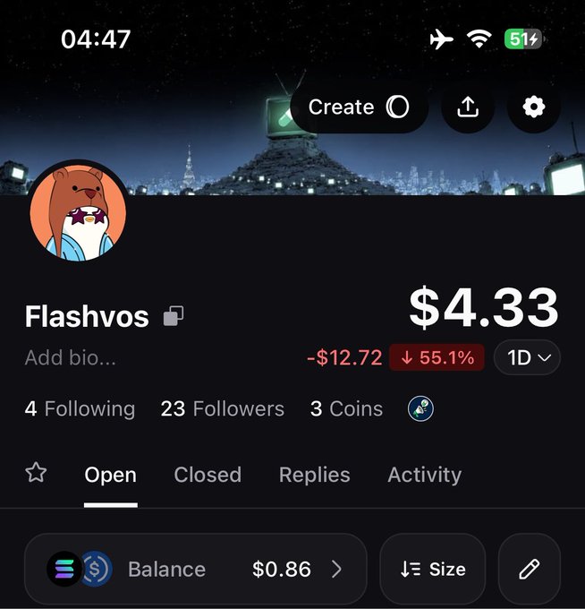 Mobile app profile page for 'Flashvos' showing a $4.33 balance that is down $12.72 (55.1%) over 1 day, with 23 followers, 3 coins, and tabs for Open, Closed, Replies, and Activity.