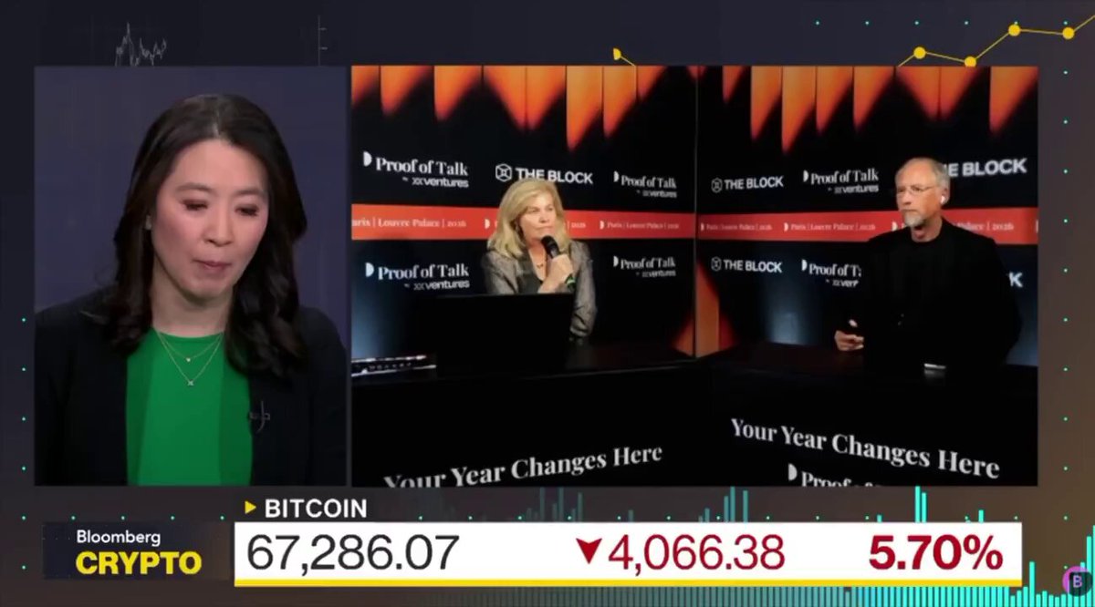 The image displays a news broadcast featuring three women sitting at a booth during an interview with two men. The hosts are discussing the changes they've made to their platform, including introducing Bitcoin as one of the payment options. The show is set on a billboard backdrop and has been sponsored by bloomberg.com, which promotes Bitcoin in their advertisement.