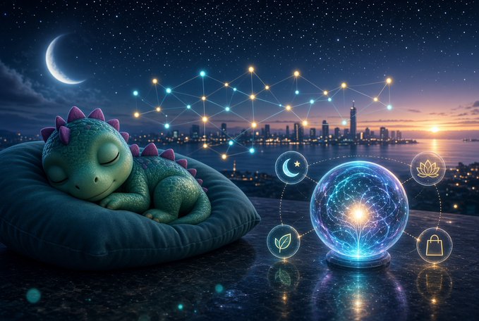 A fantasy digital illustration showing a sleeping teal dragon with purple spikes resting on a cushion, with a constellation network and a glowing crystal orb in the foreground, set against a starry night sky over a city skyline.