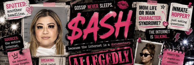 A graphic titled 'BASH ALLEGEDLY' in pink text features a woman's face surrounded by cut-out newspaper clippings with headlines like 'SPOTTED', 'GOSSIP NEVER SLEEPS', 'MOM LIFE OR MAIN CHARACTER SYNDROME?', and 'INMATE HOPPER?'.