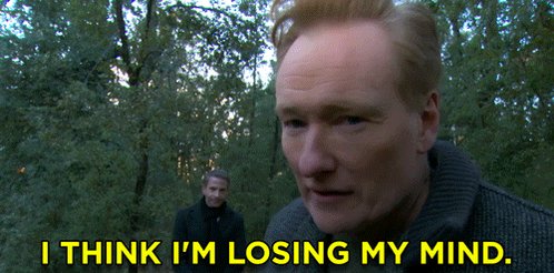 The image features a man with blonde hair wearing a gray sweater, standing in front of trees. There are two people in the scene - one person behind him and another person partially visible at the top left corner of the image. The caption below the image reads "I'M LOSING MY MIND", which is related to the main image by being part of the same post.