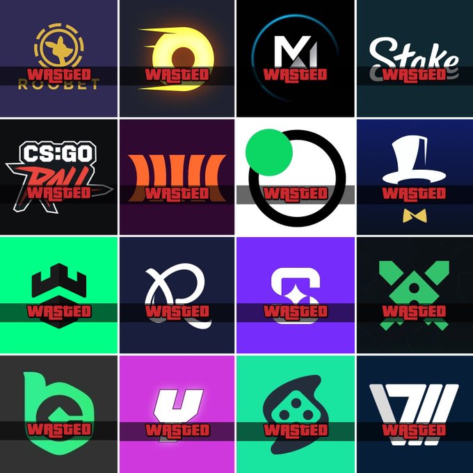 The image shows a 4x4 grid of various crypto casino logos (including Roobet, Stake, CSGOFail, and others), each stamped with a red "WASTED" banner reminiscent of the GTA death screen. This visual pairs with the post to declare that traditional crypto casinos are "cooked" after Sports betting with leverage was added to Hyperliquid, suggesting a shift away from these gambling platforms toward leveraged prediction markets.