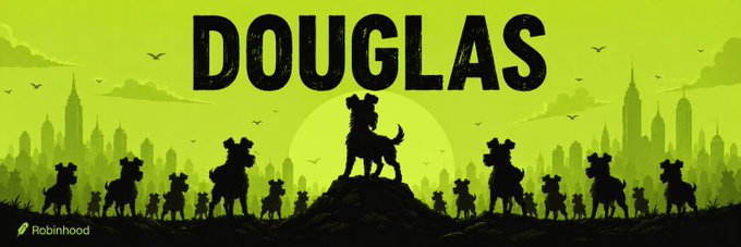 Green-themed banner advertisement featuring silhouettes of dogs with the text 'DOUGLAS' and the Robinhood logo in the bottom left corner.