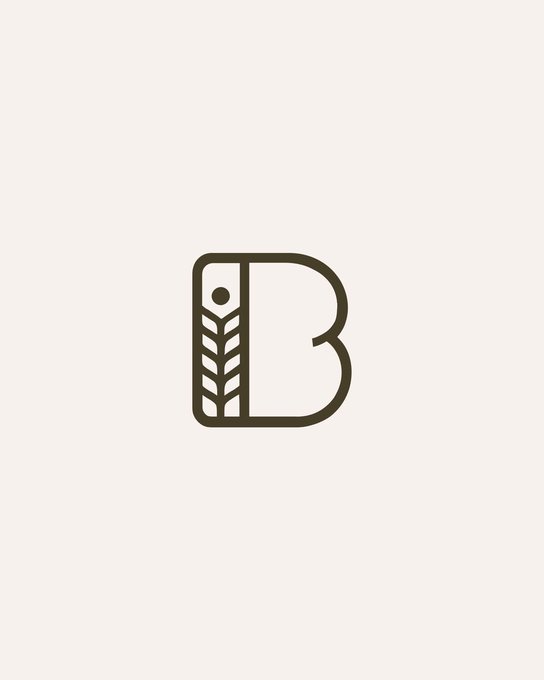 A minimalist dark olive-green icon depicting a stylized letter 'B' with a wheat stalk design on its vertical spine, set against a cream background.