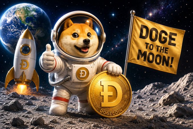 AI-generated illustration of a Shiba Inu dog dressed as an astronaut holding a Dogecoin and a 'DOGE TO THE MOON!' flag on the lunar surface, with Earth and a rocket in the background.