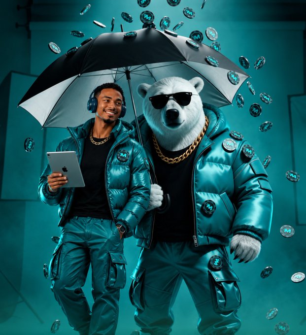 A man and a polar bear both wearing matching teal puffer jackets and sunglasses, standing together under an umbrella with floating coins bearing an 'M' logo surrounding them.