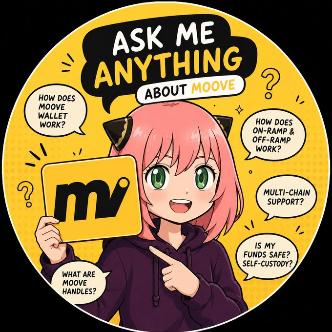An anime-style illustration featuring a pink-haired character in a black hoodie holding a card with the 'm' logo, surrounded by speech bubbles under the heading 'ASK ME ANYTHING ABOUT MOOVE' with questions about Moove wallet, on-ramp & off-ramp, multi-chain support, self-custody, and Moove handles.