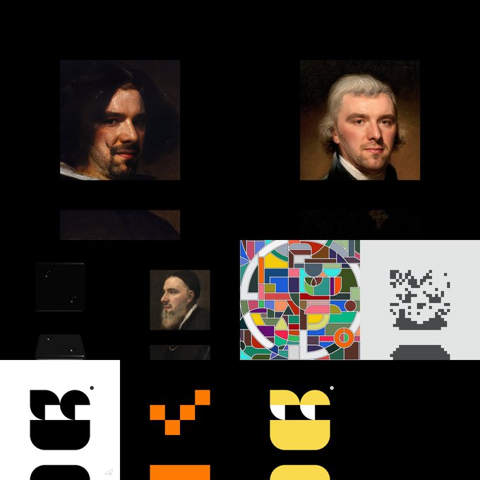 A collage featuring classical portraits resembling Diego Velázquez and other historical figures alongside various graphic designs including colorful abstract art, pixel art, and geometric letterforms.