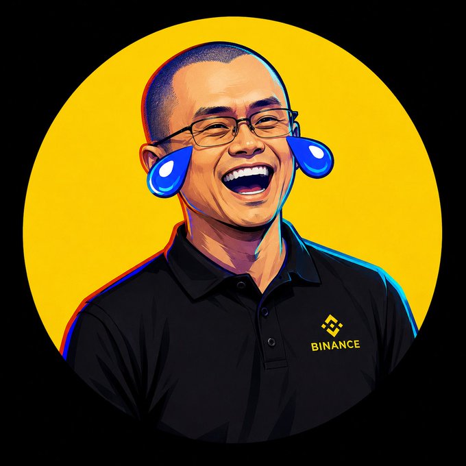 A stylized digital illustration of a laughing bald man wearing glasses, depicted with large blue cartoon tears and a black polo shirt featuring the Binance logo, set against a yellow circular background.