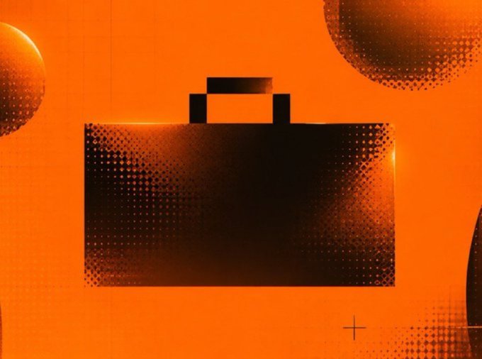 A silhouette of a briefcase against a vibrant orange background with halftone dot patterns and circular shapes.