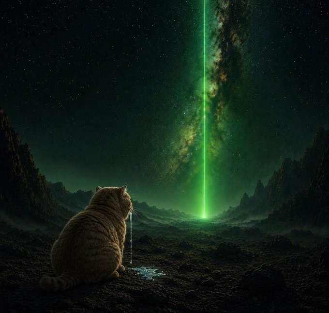 An orange tabby cat sits on a rocky, otherworldly landscape gazing up at a vibrant green beam of light shooting up from the horizon into a star-filled, galactic sky. The image complements the post's "Accumulation before lift off..." message, evoking a sense of patient, quiet buildup before an explosive breakthrough or launch.