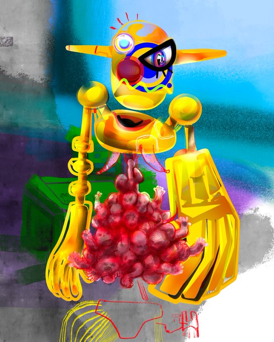 A vibrant, surreal digital painting of a yellow robotic figure with large ears and expressive eyes, holding what appears to be a cluster of red grapes or berries against an abstract blue and purple background.