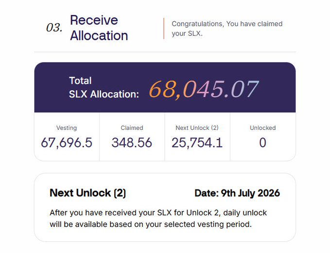 A screenshot of a 'Receive Allocation' page showing a Total SLX Allocation of 68,045.07, with 67,696.5 vesting, 348.56 claimed, and a Next Unlock scheduled for 9th July 2026.