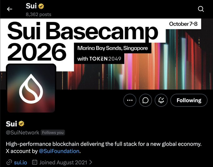 A Twitter/X profile page for @SuiNetwork showing a banner for "Sui Basecamp 2026" at Marina Bay Sands, Singapore on October 7-8 with TOKEN2049. The profile, which has 8,362 posts, describes Sui as a "high-performance blockchain delivering the full stack for a new global economy," aligning with the post about joining them in Singapore for the event.
