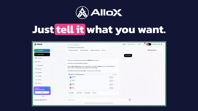 A promotional image for AlloX with the tagline 'Just tell it what you want.' displayed above a screenshot of a chat interface.