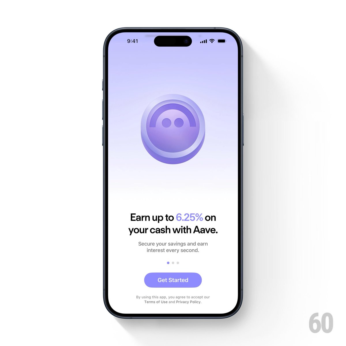 A mobile app onboarding screen with a purple ghost-like logo, displaying 'Earn up to 6.25% on your cash with Aave' and a 'Get Started' button.